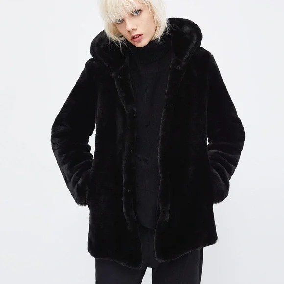 Outerwear Zara Black Jacket With Fur Hood Fur Zara Shiny Coat